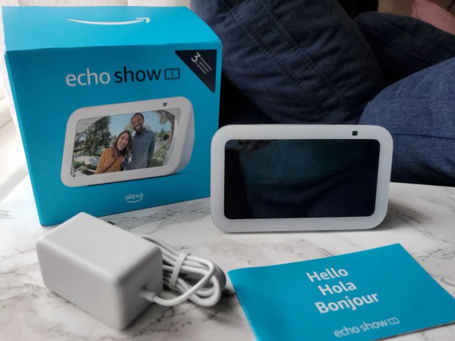 An Amazon Echo Show 5 and al the contest inside the box it onlinees in