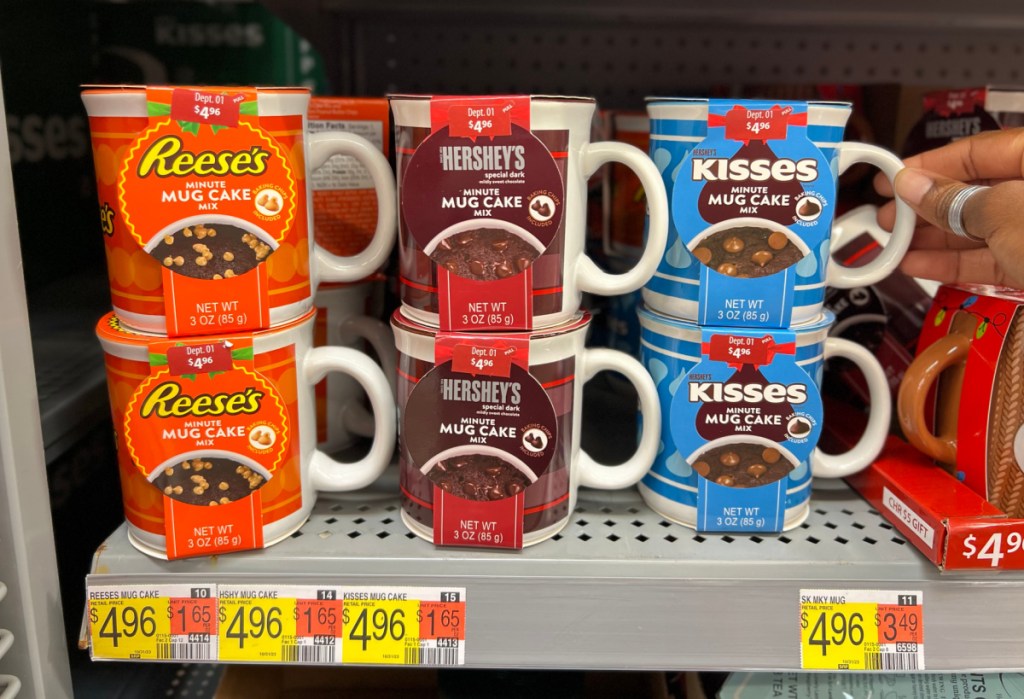 Assorted mug cakes on a walmart shelf