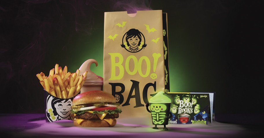 Wendy's Boo Bag next to burger, fries, frosty, and boo book