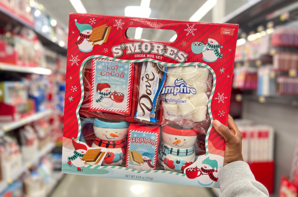 A S'mores Cocoa Mug Set with Dove Chocolate and marshmallows