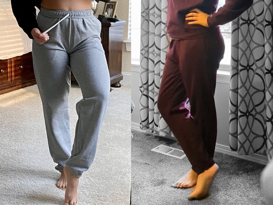 women wearing different color fleece joggers posing for the camera