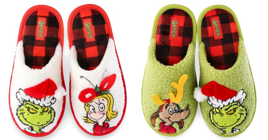 2 pairs of Grinch slippers, one set is white with Max & Cindy Lou and 1 is green with Max & the Grinch