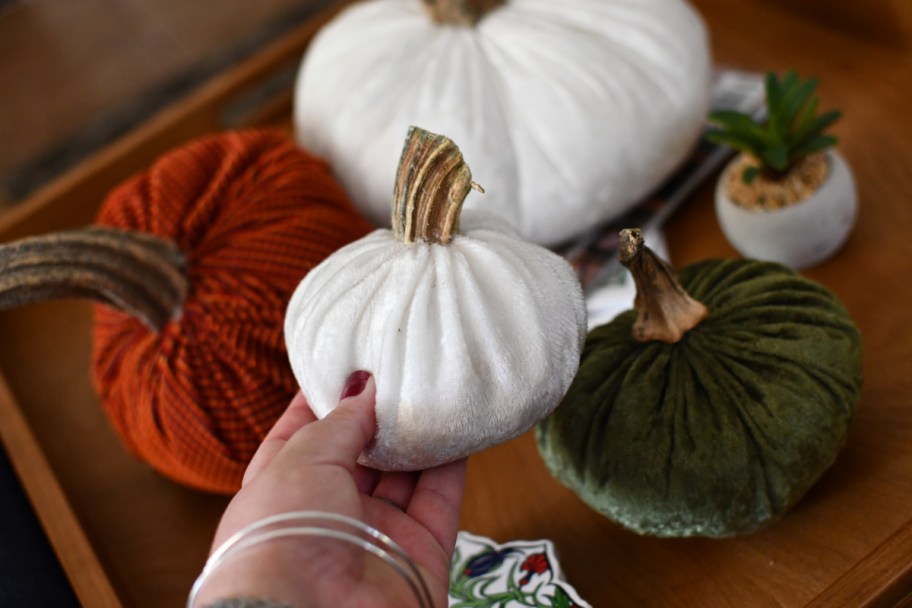 hand holding up homemade pumpkin decor