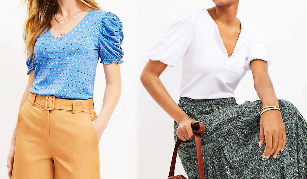 two women modeling blue and white blouses