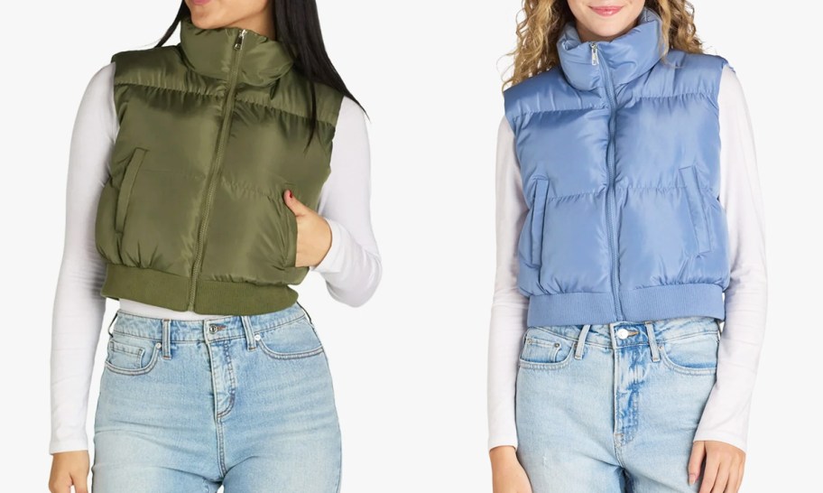 women in green and blue cropped puffer vests