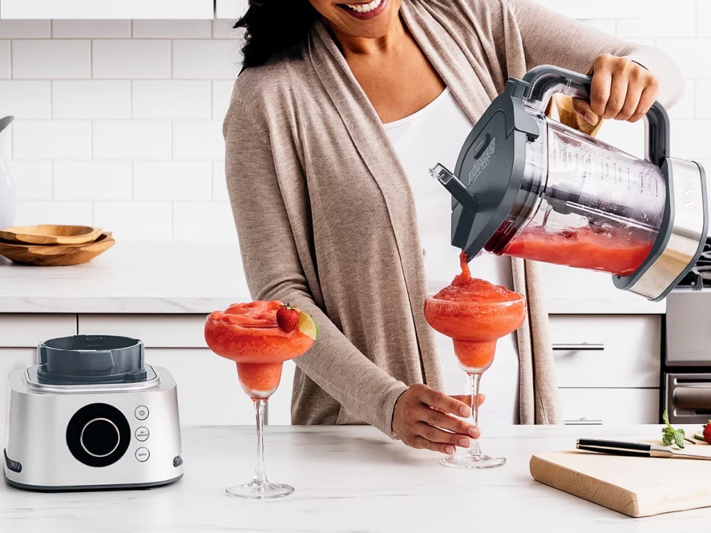 pouring frozen drinks from ninja blender