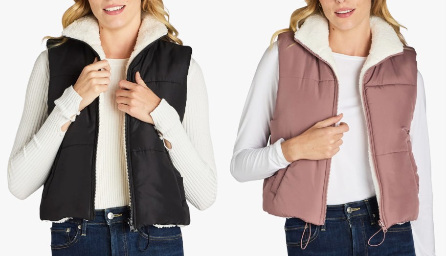 women in black and mauve reversible vests