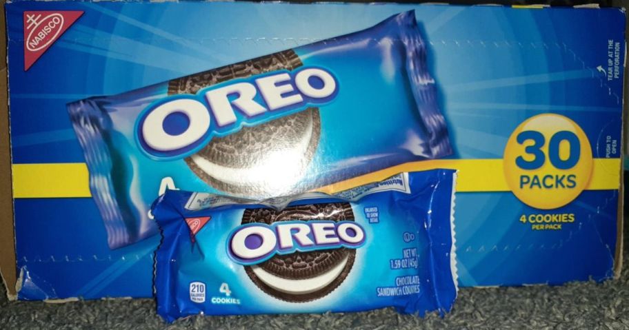 OREO Cookies Snack Pack 30-Count Box with single pack in front of it