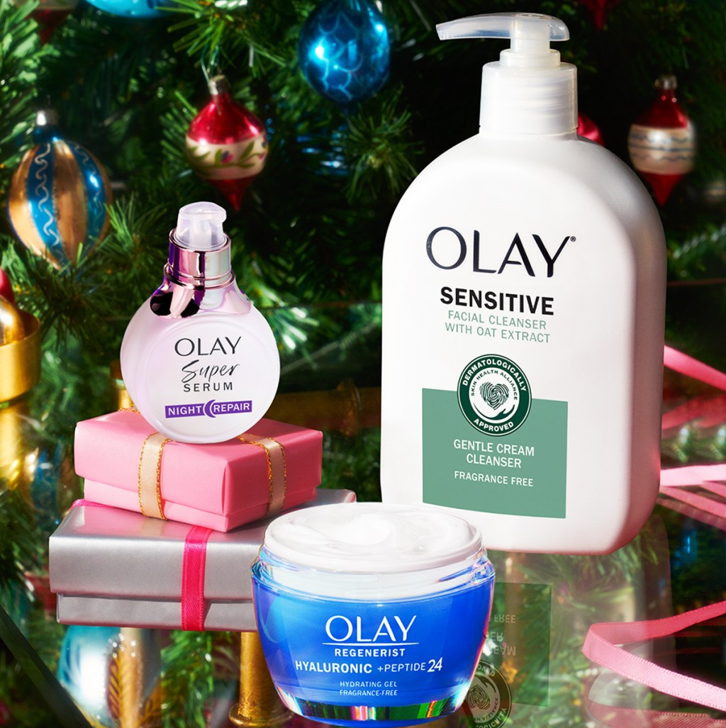 olay cleanser, super serum, and moisturizer near christmas tree