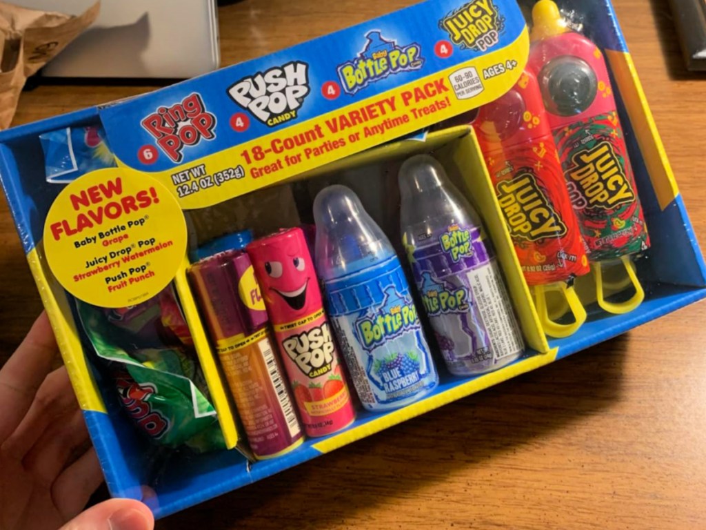 party box with ring pops, bottle pops and juicy drops