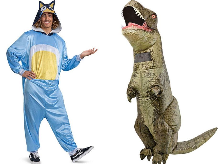 Stock images of adults wearing a Bluey Costume and an Inflatable T-Rex Costume