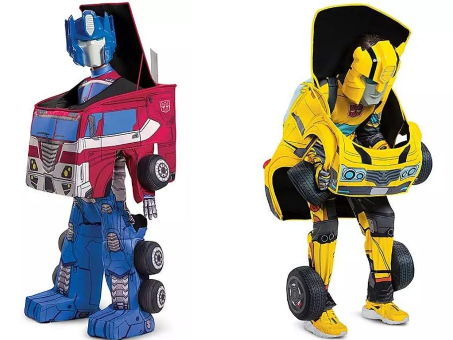 Stock images of kids wearing convertible Transformers costumes for Optimus Prime and Bumblebee