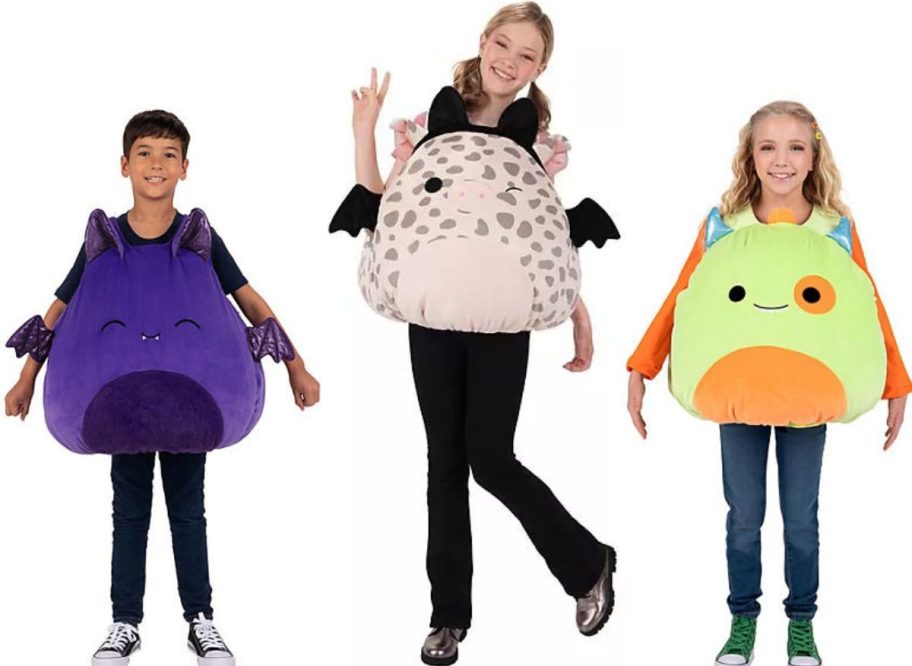 Stock images of 3 kids wearing Squishmallows Halloween Costumes