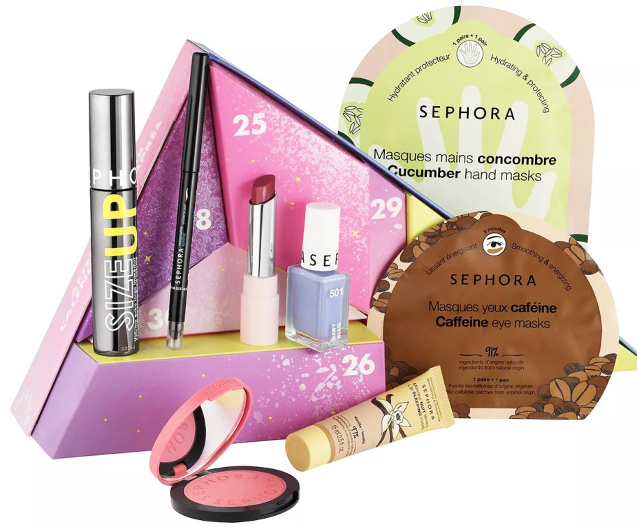 beauty products around a triangular advent calendar