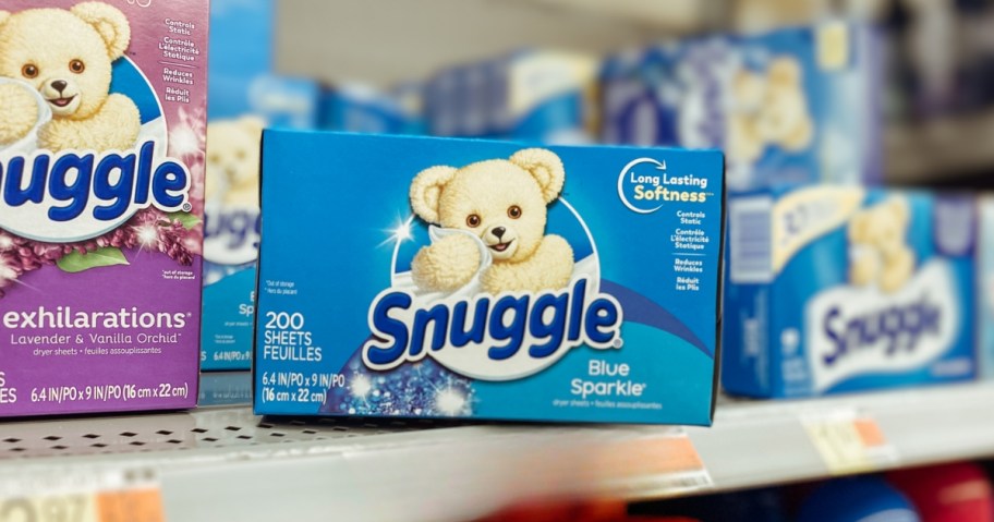 box of snuggle dryer sheets on store shelf