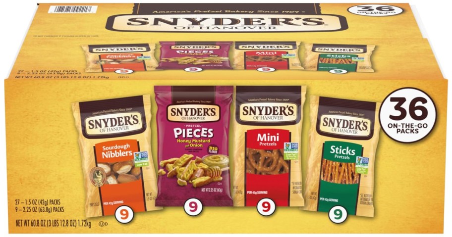 a yellow box with a Snyders pretzels variety pack pictured on it