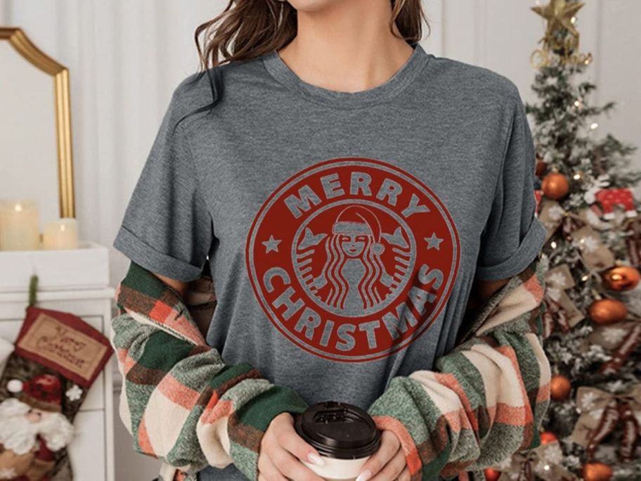 Woman wearing a Starbucks Inspired Christmas Tee