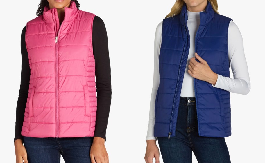 women in pink and navy blue puffer vests