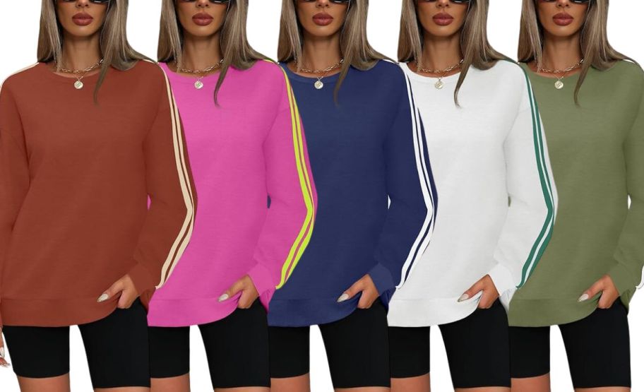 5 models in various colors of one style of sweatshirt