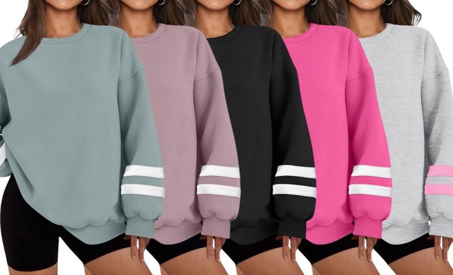 5 models in various colors of one style of sweatshirt