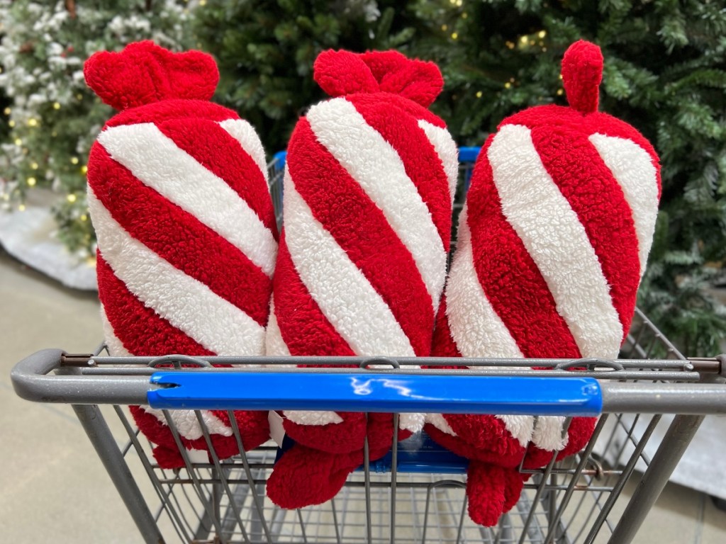 3 peppermint pillows in a Walmart shopping cart