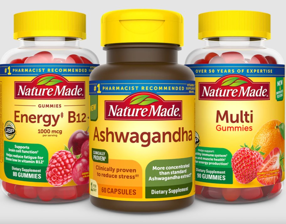 ashwaghanda, energy, and multi vitamin bottles