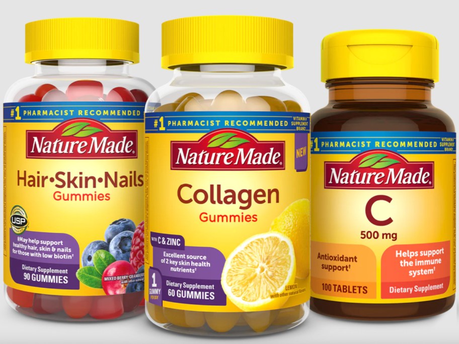 collagen, hair and vitamin C bottles