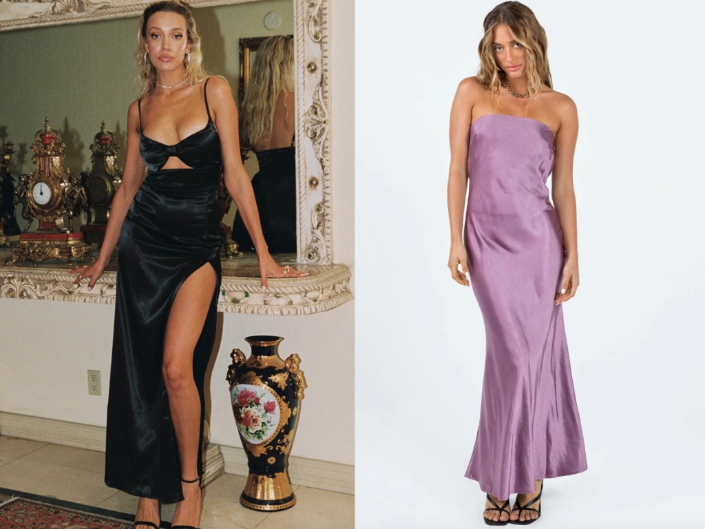 women wearing black and mauve dresses