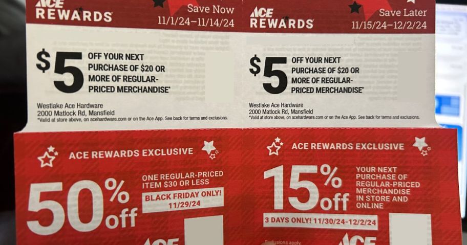 hand holding coupons for Ace Rewards Members Black Friday Sale