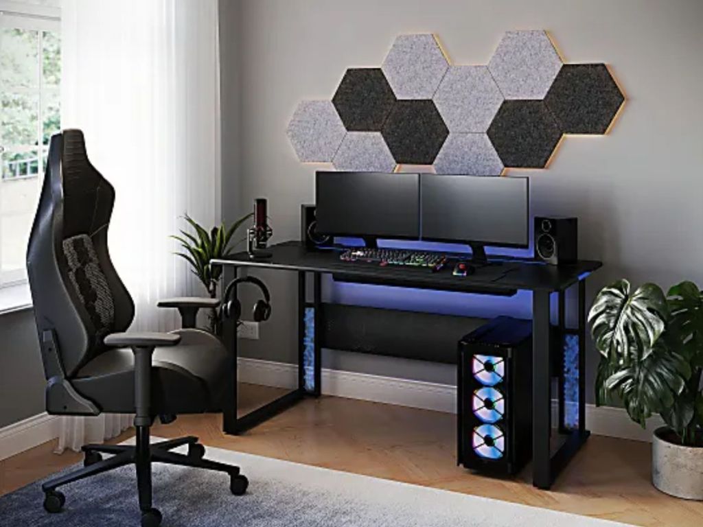 RS Gaming™ Mergence 60"W RGB Gaming onlineputer Desk With 10 Acoustic Panels, Black 