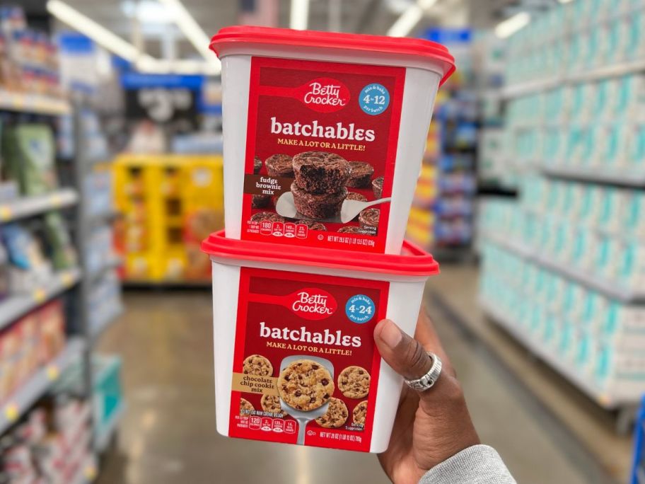 hand holding betty crocker batchables brownie and cookie mixes