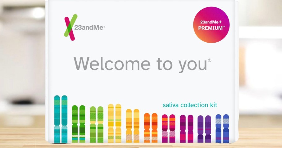 23andme premium kit box sitting on countertop