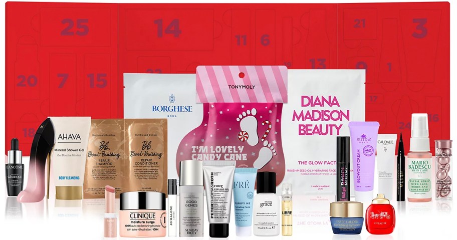 25 days of beauty advent calendar box with products in front of it 