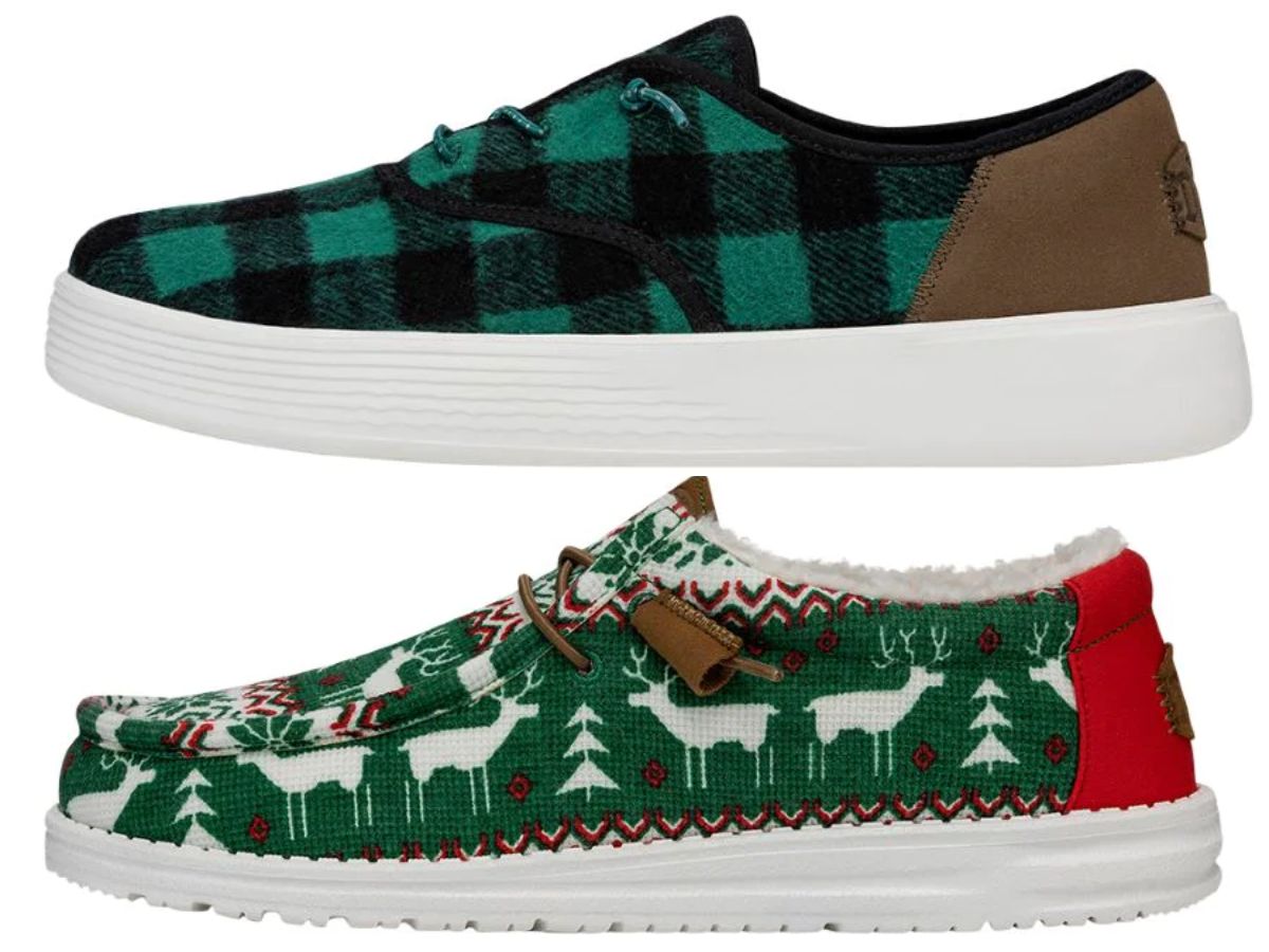 Hey Dude Men's Conway Buffalo Plaid Shoes and Hey Dude Men's Wally Ugly Sweater Reindeer Games