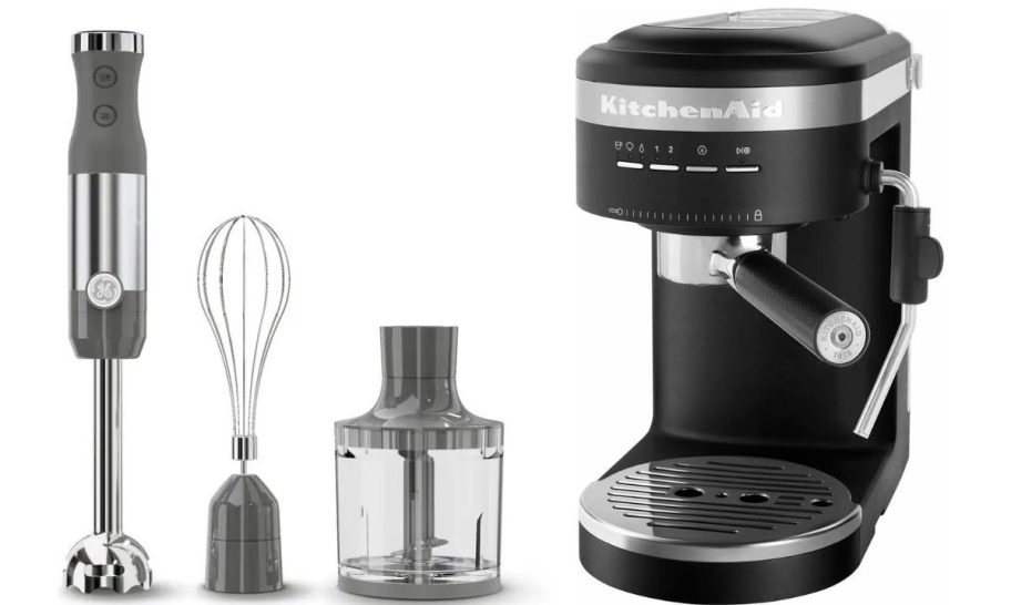 Stock images of a GE Stick Blender and a Kitchenaid Espresso Maker