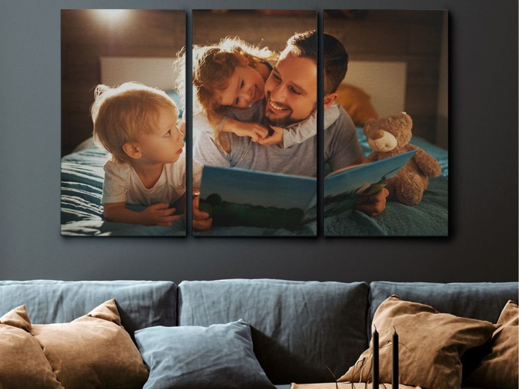 a split pohoto canvas hangin above a couch