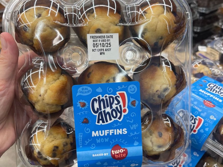 Hand holding a Chips Ahoy Two-Bite Muffins 9-Count pack