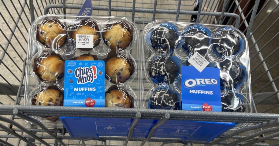 A walmart shopping cart with Chips Ahoy & Oreo Two-Bite Muffins