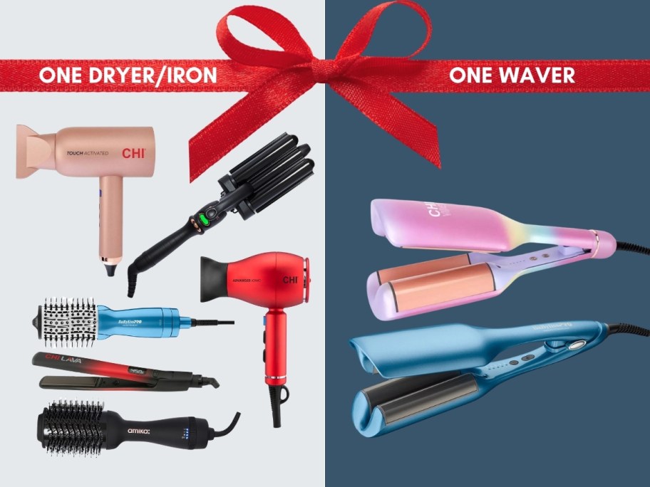 collage of hair tools with red ribbon