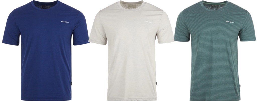 blue, light grey, and green men's t-shirts