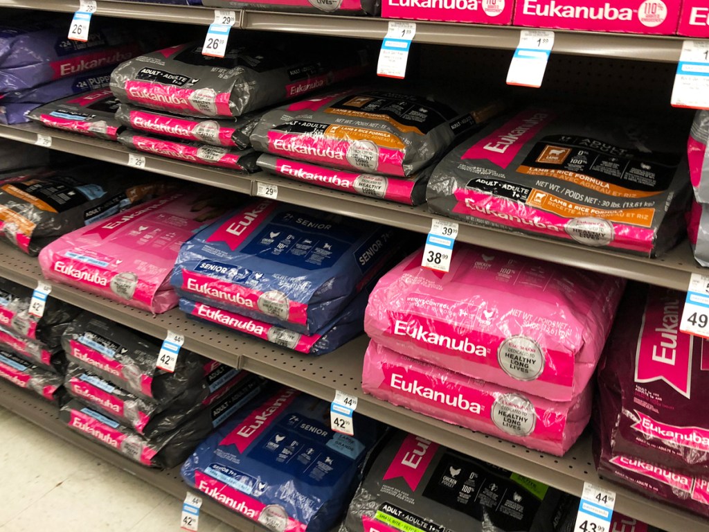 shelves full of bags of Eukanuba Dog Food