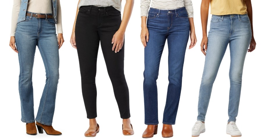 4 women's legs wearing different cut and colors of Levi jeans