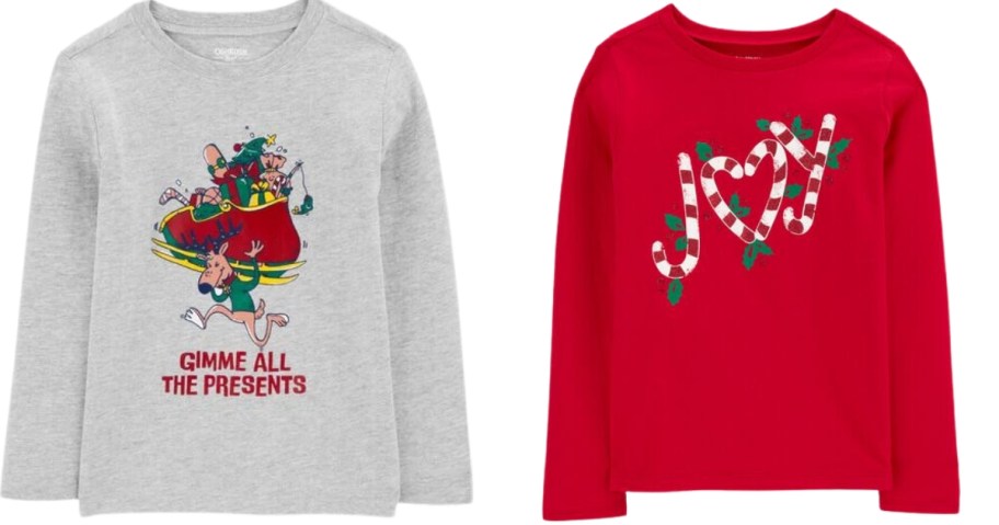 kid's Christmas graphic tops, one with presents, one with Joy in candy canes