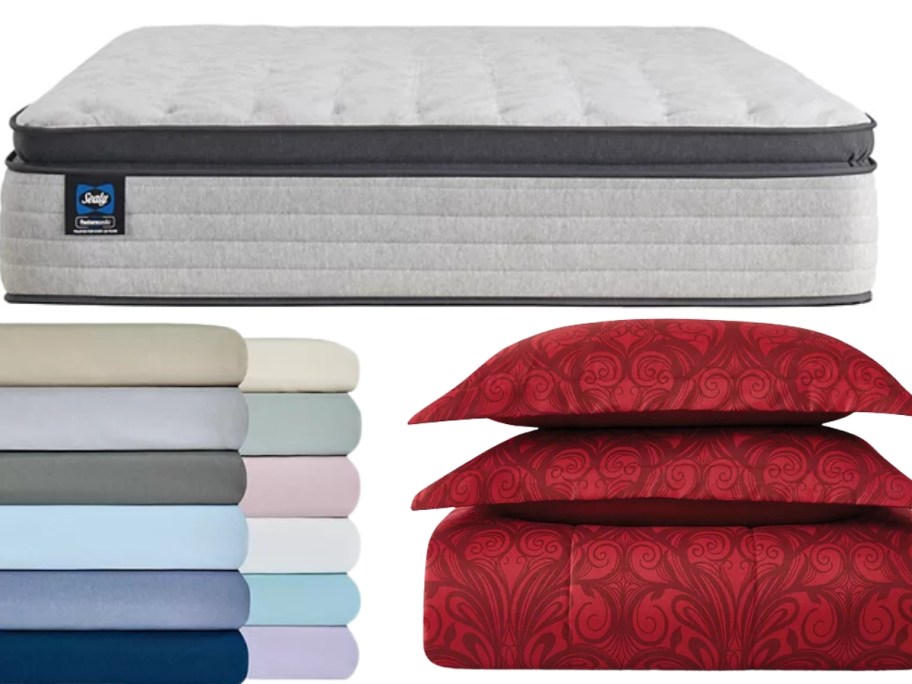 a Sealy mattress, stacks of bed sheets in a variety of colors and a red onlineforter set and 2 shams stacked