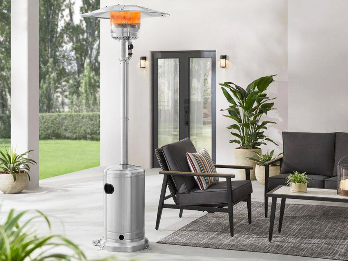 stainless steel patio heater on patio