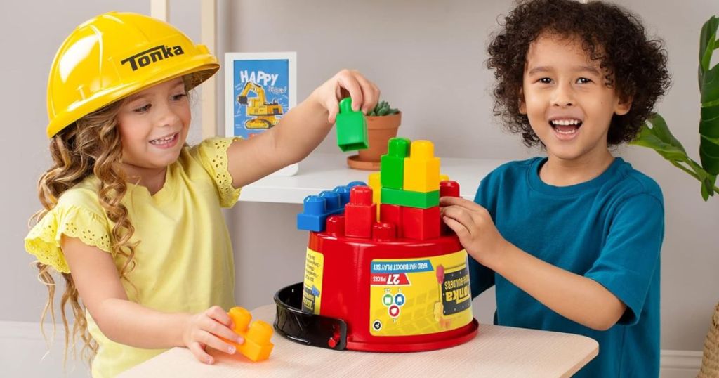 kids playing with Tonka Tough Builders, Hard Hat, Building Block & Bucket Playset