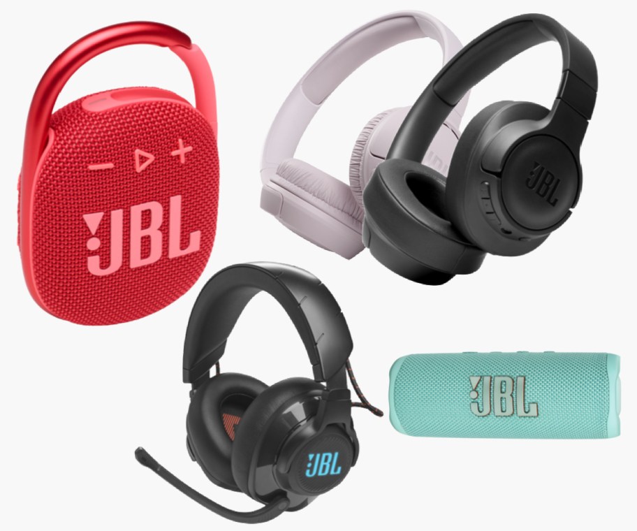 collage of JBL haedphones and speakers