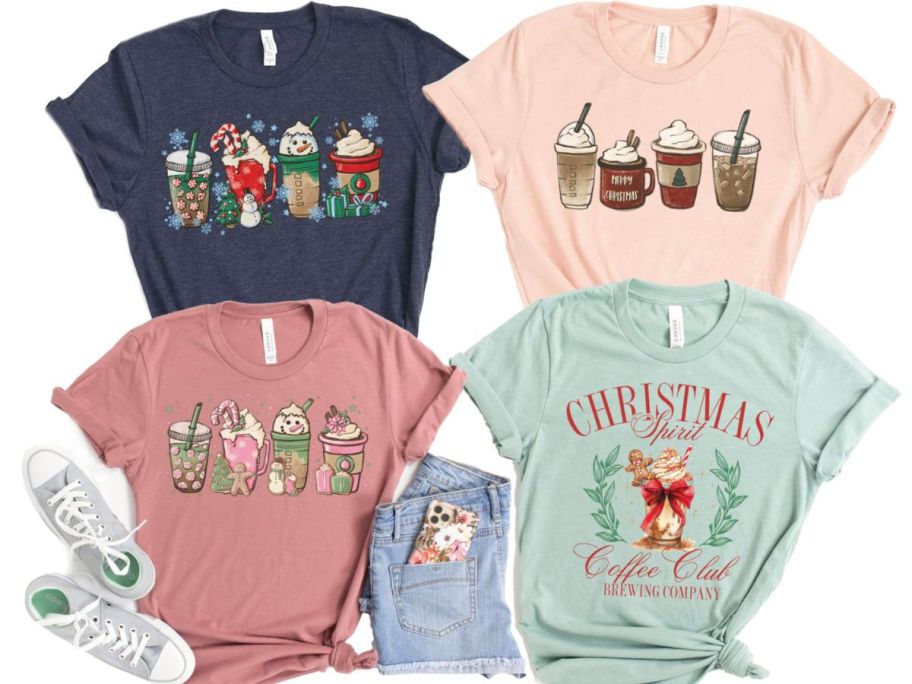 Stock images of 4 Christmas graphic tees