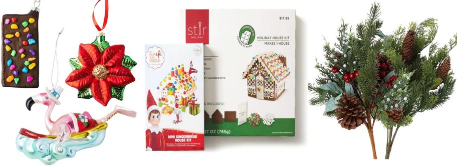 christmas ornaments, gingerbread house kits, and christmas floral picks