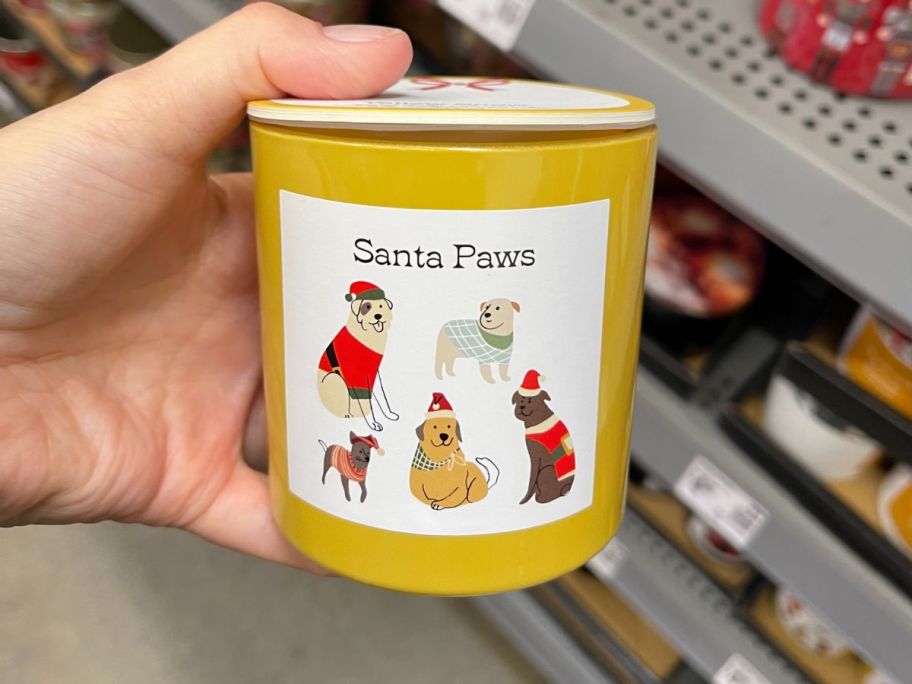 Mainstays "Santa Paws" Yellow Snow Scented Candle 6oz in hand in store